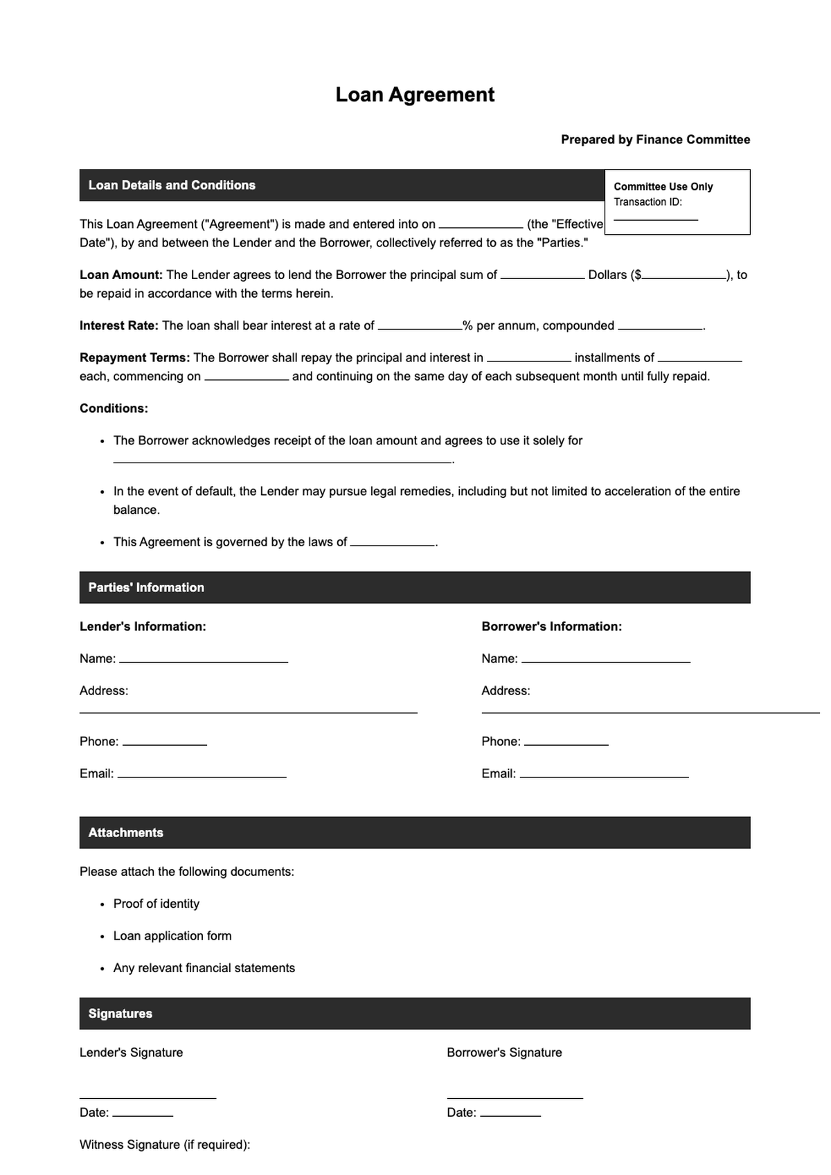 Formal loan agreement template for committee use with lender details and repayment terms_variant_2